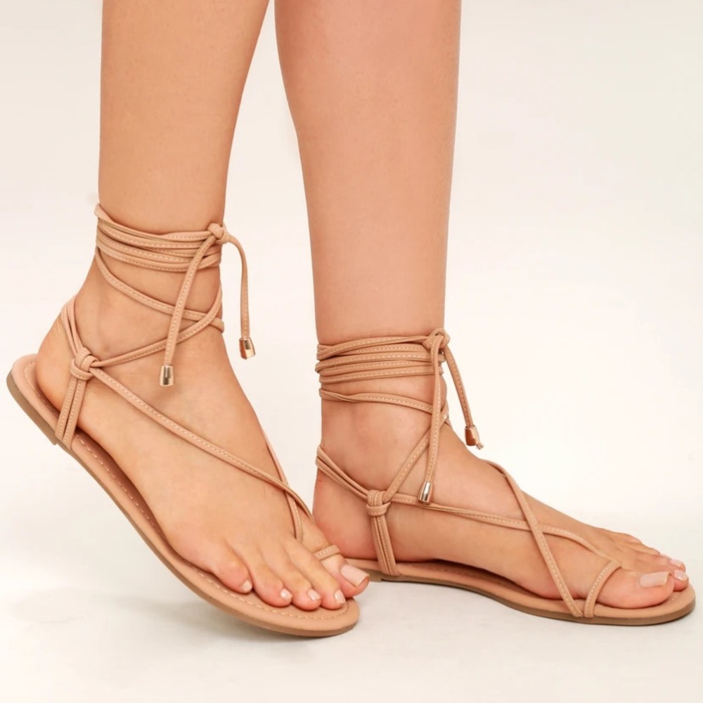 Lulu’s Light Nude Vegan Leather Strappy Lace-Up Gladiator Sandals 7.5 Shoes